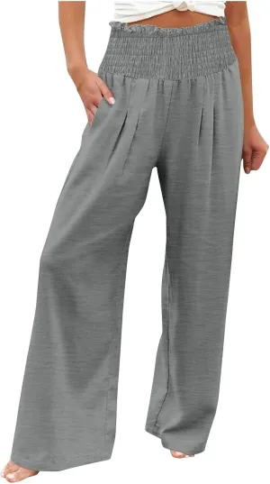 Lmdudan Womens Elastic High Waisted Palazzo Pants Casual Wide Leg Long Lounge Pant 2025 Summer Trousers with Pockets