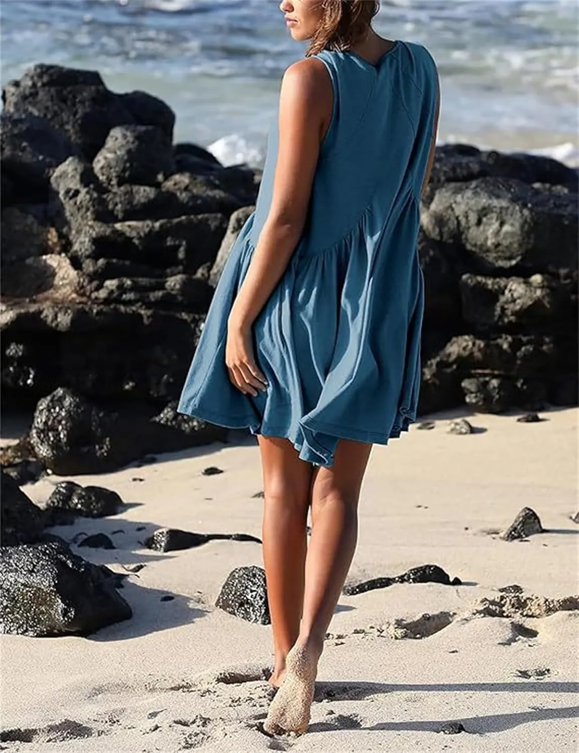 LOFAAC Women 2024 Summer V Neck Sleeveless Mini Dress Casual Loose Pleated Flowy Sundress 90s Beach Tank Dress with Pockets