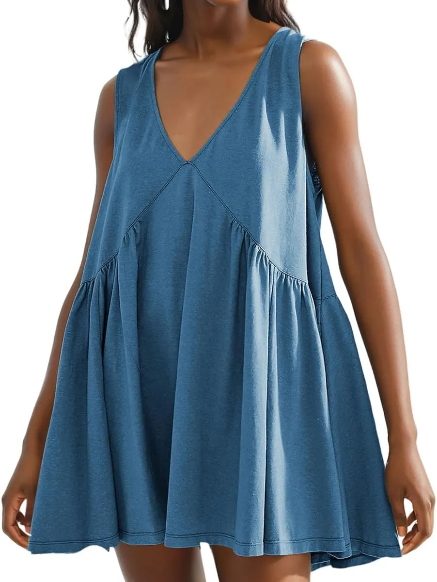 LOFAAC Women 2024 Summer V Neck Sleeveless Mini Dress Casual Loose Pleated Flowy Sundress 90s Beach Tank Dress with Pockets