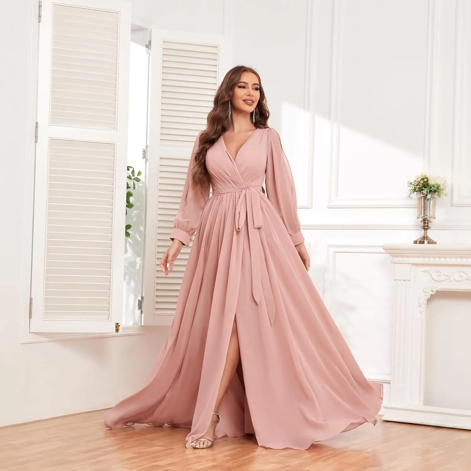 Long Sleeve Bridesmaid Dresses with Sash Slit Chiffon V Neck Ruched A Line Formal Dress for Women