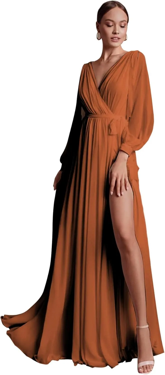Long Sleeve Bridesmaid Dresses with Sash Slit Chiffon V Neck Ruched A Line Formal Dress for Women
