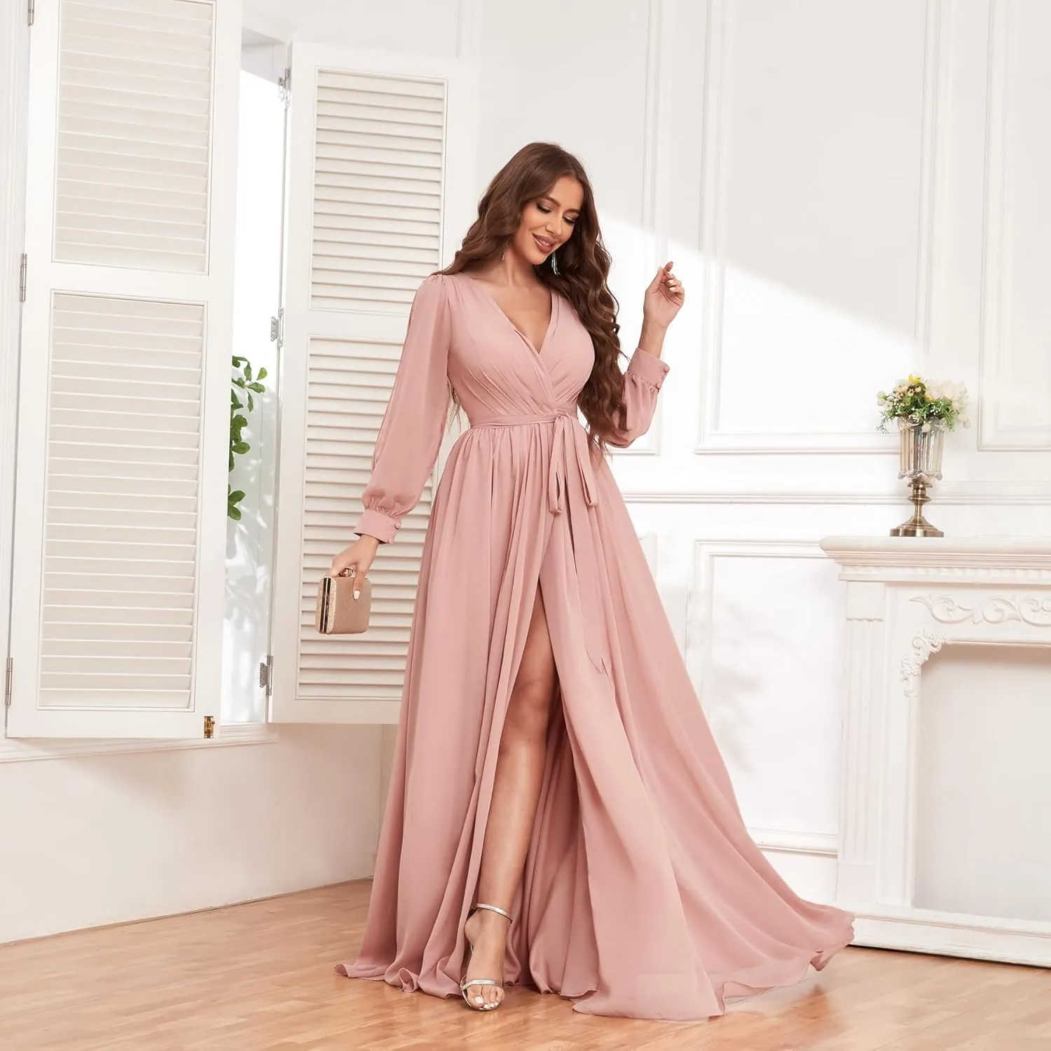 Long Sleeve Bridesmaid Dresses with Sash Slit Chiffon V Neck Ruched A Line Formal Dress for Women