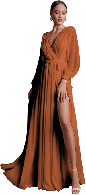 Long Sleeve Bridesmaid Dresses with Sash Slit Chiffon V Neck Ruched A Line Formal Dress for Women