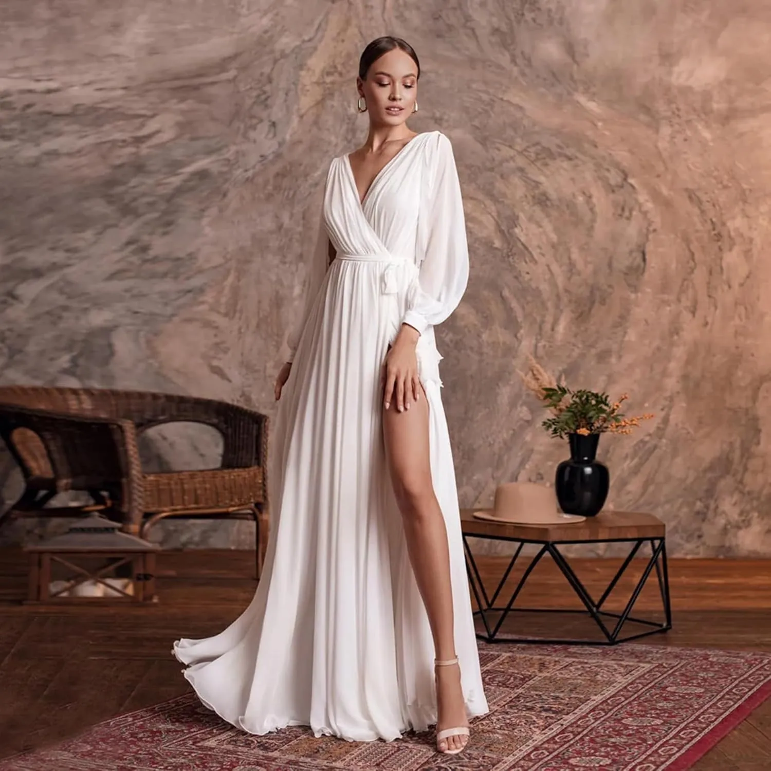 Long Sleeve Bridesmaid Dresses with Sash Slit Chiffon V Neck Ruched A Line Formal Dress for Women