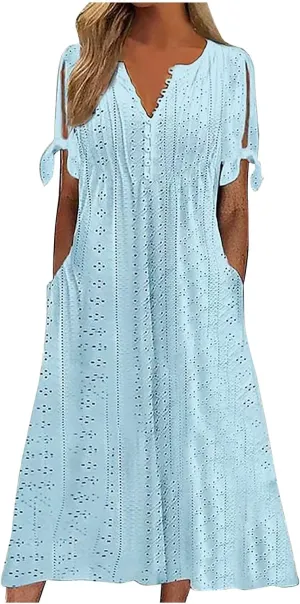 Long Summer Dresses for Women 2025 Vacation Casual Beach Plus Size Short Sleeve Eyelet Tshirt Maxi Dress with Sleeves