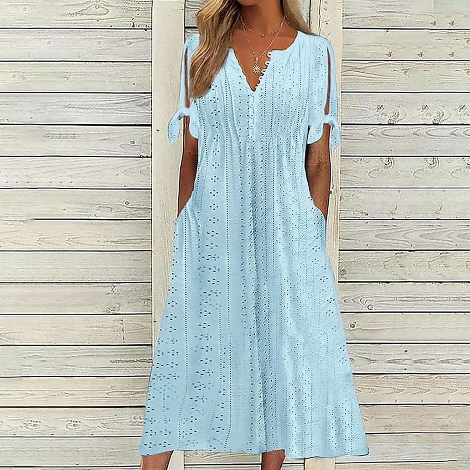 Long Summer Dresses for Women 2025 Vacation Casual Beach Plus Size Short Sleeve Eyelet Tshirt Maxi Dress with Sleeves