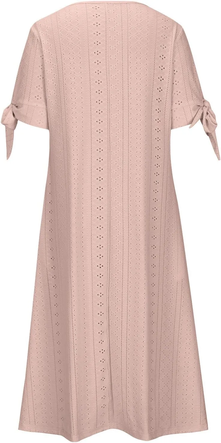 Long Summer Dresses for Women 2025 Vacation Casual Beach Plus Size Short Sleeve Eyelet Tshirt Maxi Dress with Sleeves