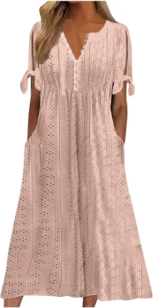 Long Summer Dresses for Women 2025 Vacation Casual Beach Plus Size Short Sleeve Eyelet Tshirt Maxi Dress with Sleeves