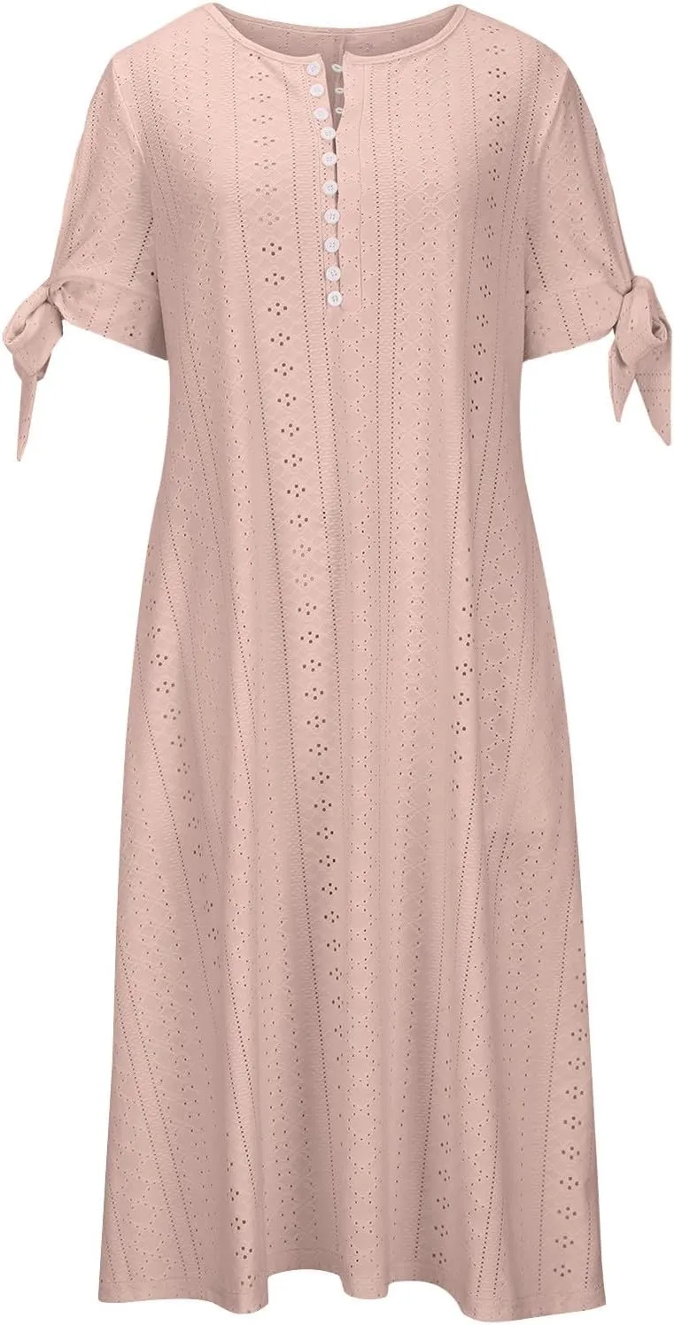 Long Summer Dresses for Women 2025 Vacation Casual Beach Plus Size Short Sleeve Eyelet Tshirt Maxi Dress with Sleeves