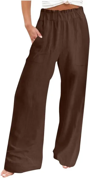 Long Yoga Pants for Women Casual Wide Leg Palazzo Cotton Linen High Waisted Long Pants Smocked Lounge Trousers