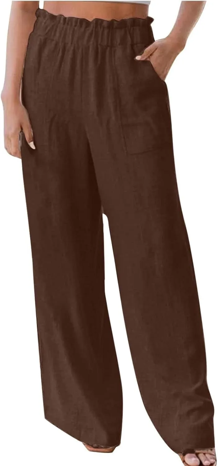 Long Yoga Pants for Women Casual Wide Leg Palazzo Cotton Linen High Waisted Long Pants Smocked Lounge Trousers