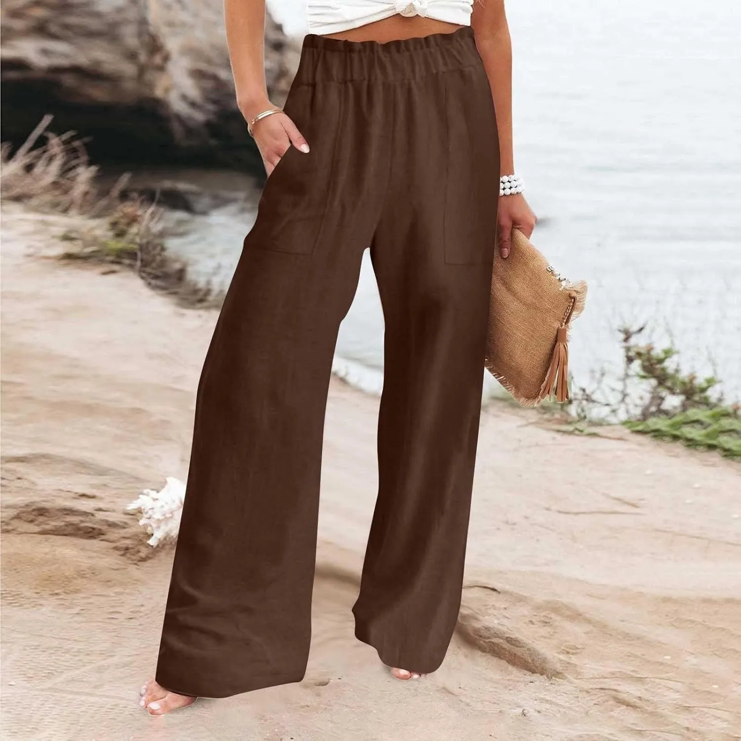 Long Yoga Pants for Women Casual Wide Leg Palazzo Cotton Linen High Waisted Long Pants Smocked Lounge Trousers
