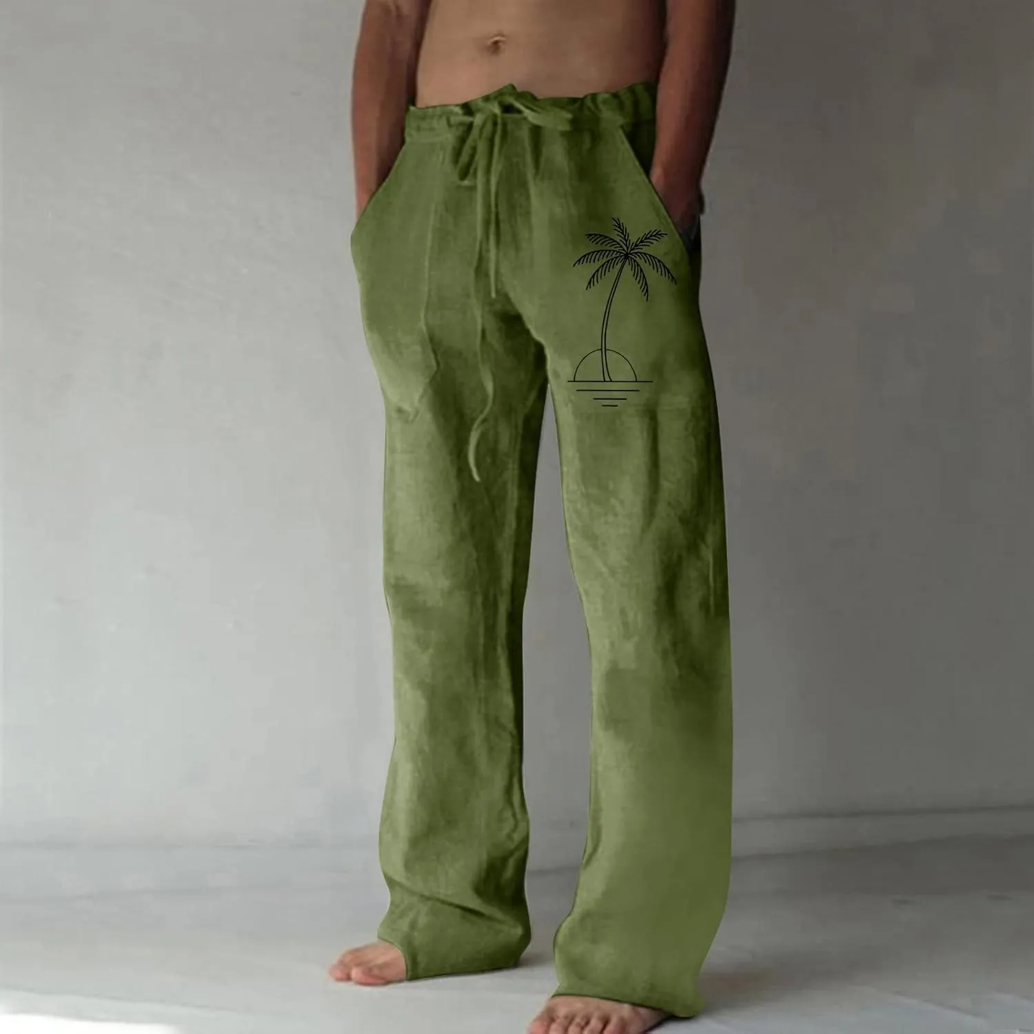 Loose Fit Elastic Waist Drawstring Summer Beach Pants Coconut Tree Print Pants Sweatpants with Pockets for Boys