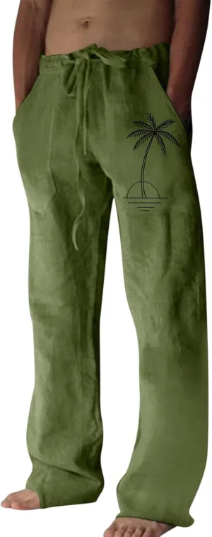 Loose Fit Elastic Waist Drawstring Summer Beach Pants Coconut Tree Print Pants Sweatpants with Pockets for Boys