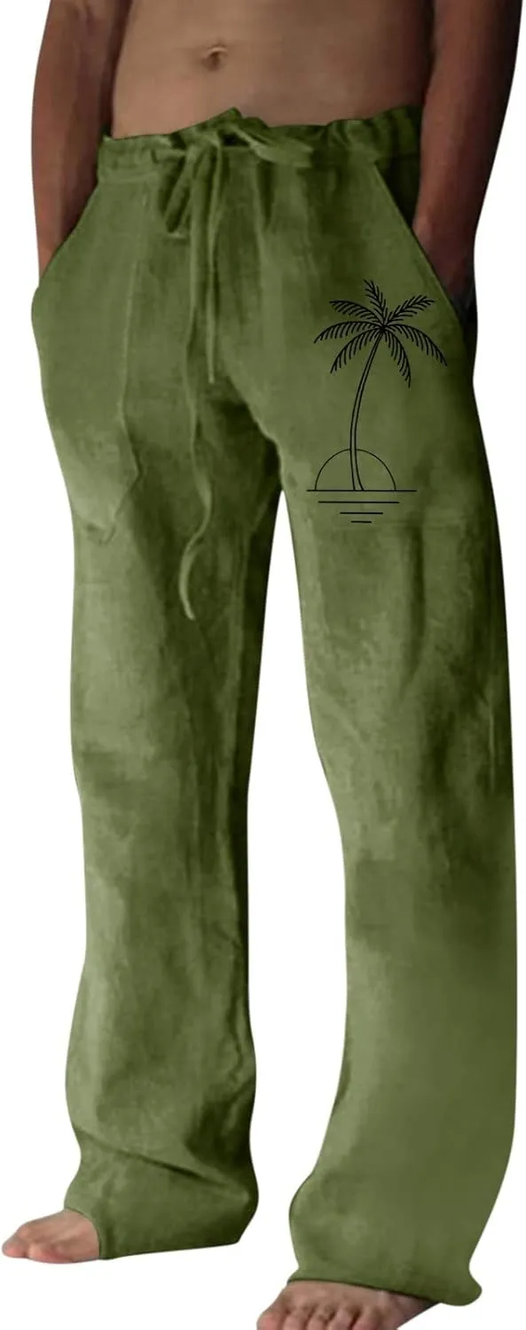Loose Fit Elastic Waist Drawstring Summer Beach Pants Coconut Tree Print Pants Sweatpants with Pockets for Boys