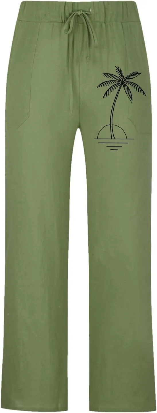 Loose Fit Elastic Waist Drawstring Summer Beach Pants Coconut Tree Print Pants Sweatpants with Pockets for Boys
