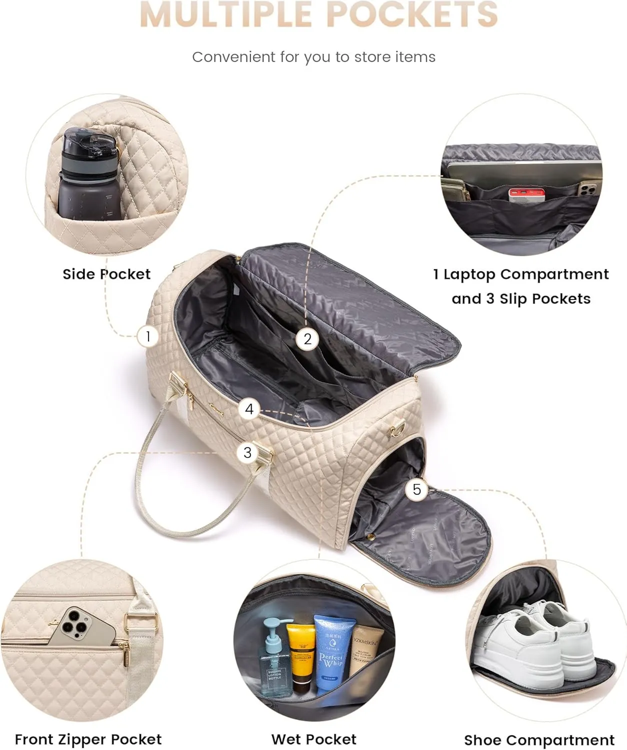 LOVEVOOK Travel Duffle Bag, 40L Weekender Overnight Bag with Toiletry Bag, Quilted Carry On Bag with Shoe Compartment, Gym Duffel Bag with Wet Pocket for Women, Hospital Bags for Labor and Delivery