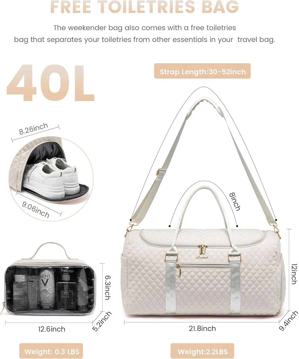 LOVEVOOK Travel Duffle Bag, 40L Weekender Overnight Bag with Toiletry Bag, Quilted Carry On Bag with Shoe Compartment, Gym Duffel Bag with Wet Pocket for Women, Hospital Bags for Labor and Delivery