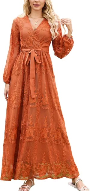 LRISES Womens V Neck Floral Embroidered Lace Wedding Maxi Dress Boho Short Sleeve Slit Bridesmaid Evening Party Dresses
