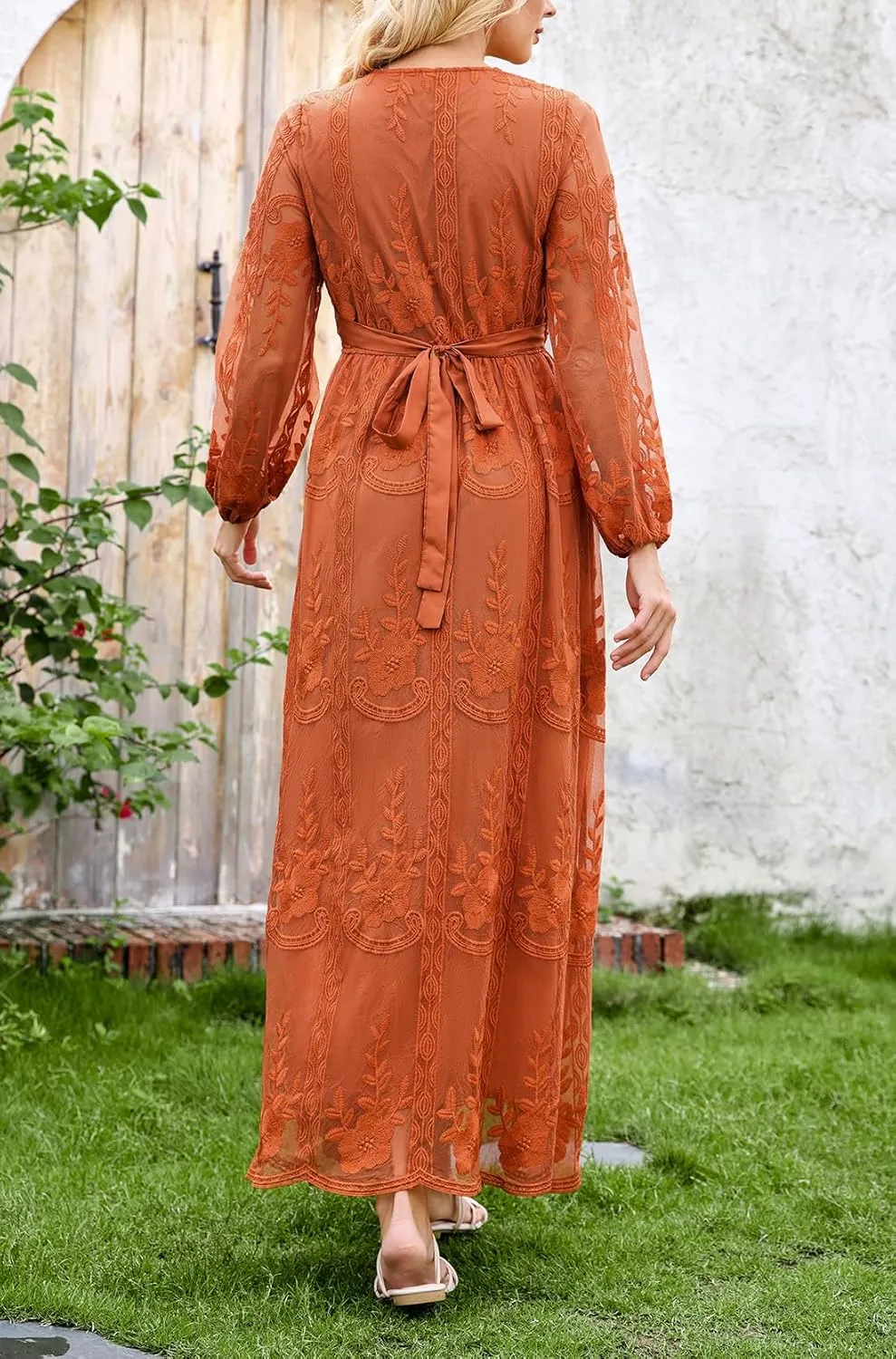 LRISES Womens V Neck Floral Embroidered Lace Wedding Maxi Dress Boho Short Sleeve Slit Bridesmaid Evening Party Dresses