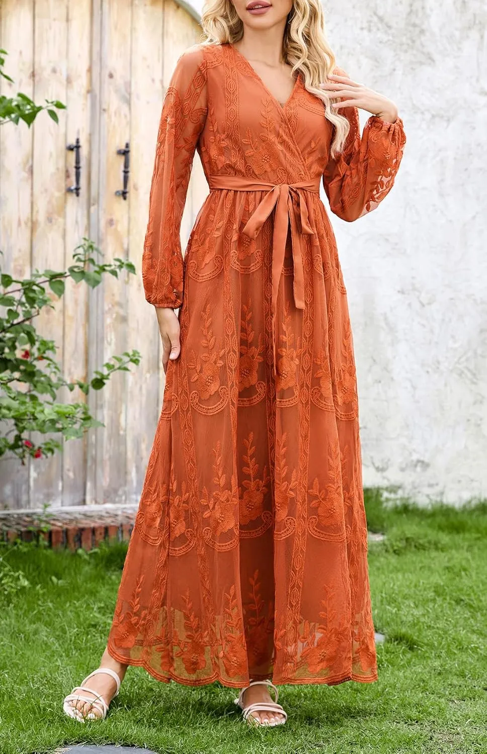 LRISES Womens V Neck Floral Embroidered Lace Wedding Maxi Dress Boho Short Sleeve Slit Bridesmaid Evening Party Dresses