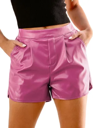 luvamia Faux Leather Shorts for Women High Wasited Pull On Pleated Side Slit Pleather Shorts with Elastic Waist Pockets