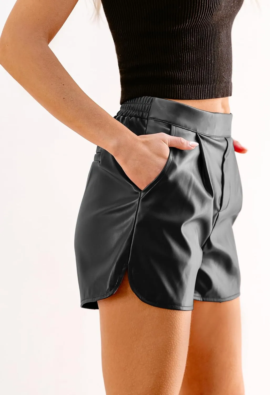 luvamia Faux Leather Shorts for Women High Wasited Pull On Pleated Side Slit Pleather Shorts with Elastic Waist Pockets