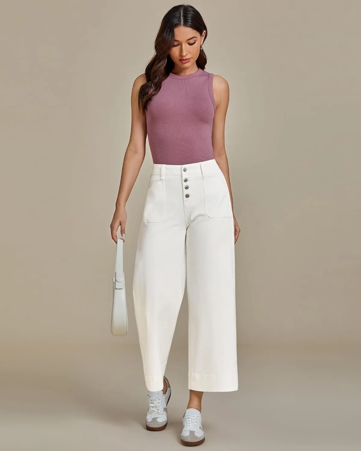 luvamia Wide Leg Jeans for Women Cropped High Waisted Trendy Button Fly Patch Pocket Stretchy Denim Pants Trousers Jeans