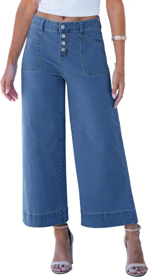 luvamia Wide Leg Jeans for Women Cropped High Waisted Trendy Button Fly Patch Pocket Stretchy Denim Pants Trousers Jeans