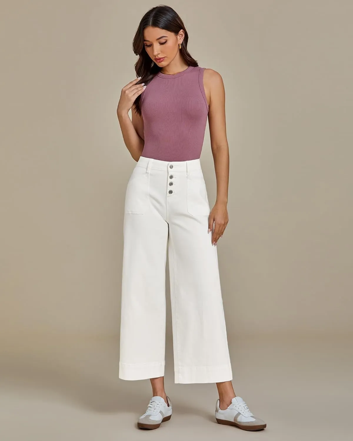 luvamia Wide Leg Jeans for Women Cropped High Waisted Trendy Button Fly Patch Pocket Stretchy Denim Pants Trousers Jeans