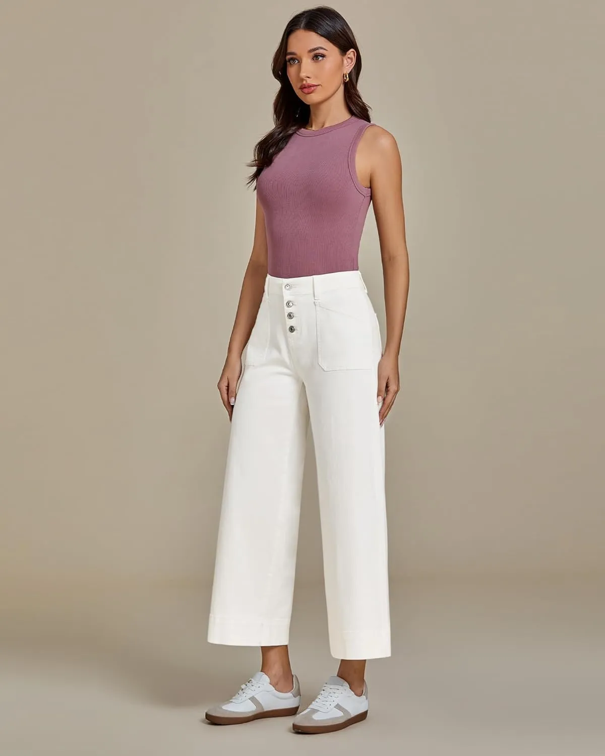 luvamia Wide Leg Jeans for Women Cropped High Waisted Trendy Button Fly Patch Pocket Stretchy Denim Pants Trousers Jeans