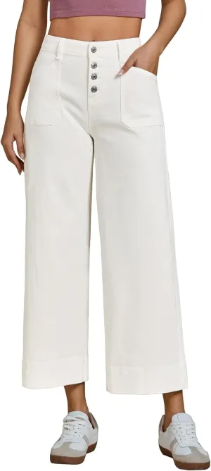 luvamia Wide Leg Jeans for Women Cropped High Waisted Trendy Button Fly Patch Pocket Stretchy Denim Pants Trousers Jeans