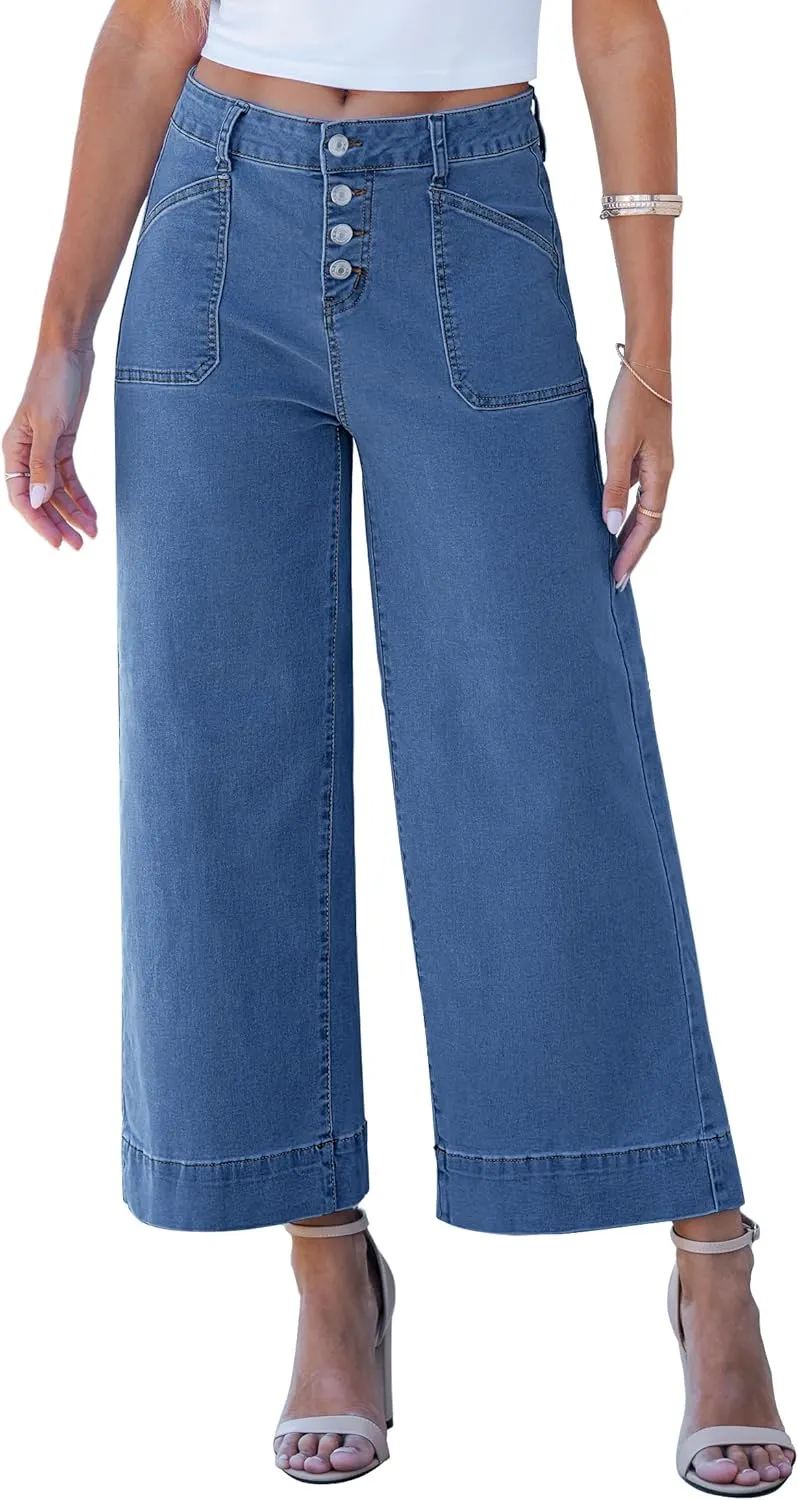 luvamia Wide Leg Jeans for Women Cropped High Waisted Trendy Button Fly Patch Pocket Stretchy Denim Pants Trousers Jeans