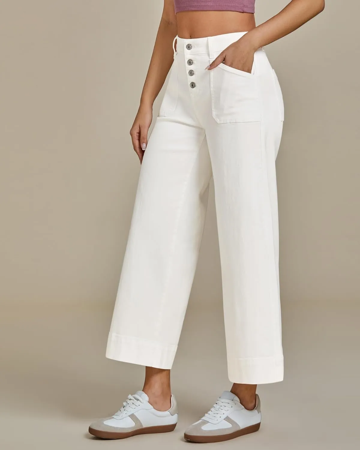 luvamia Wide Leg Jeans for Women Cropped High Waisted Trendy Button Fly Patch Pocket Stretchy Denim Pants Trousers Jeans