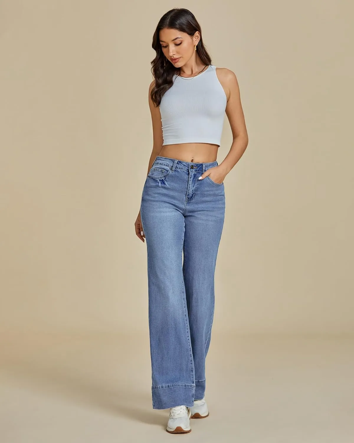 luvamia Wide Leg Jeans for Women High Waisted Flare Trendy Stretchy Denim Pants Baggy Classic Trouser Jeans with Pockets