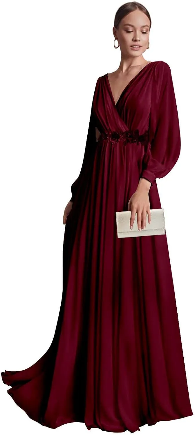 MAGGCIF Chiffon Bridesmaid Dress Long Sleeve Ruffle Lace Appliques A Line V Neck Formal Prom Dresses Evening Gowns