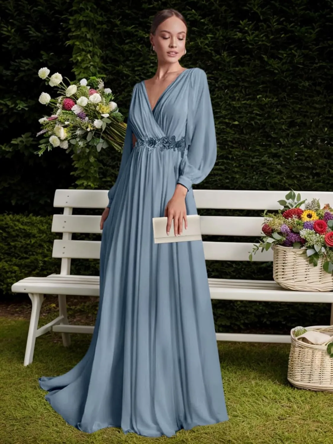 MAGGCIF Chiffon Bridesmaid Dress Long Sleeve Ruffle Lace Appliques A Line V Neck Formal Prom Dresses Evening Gowns