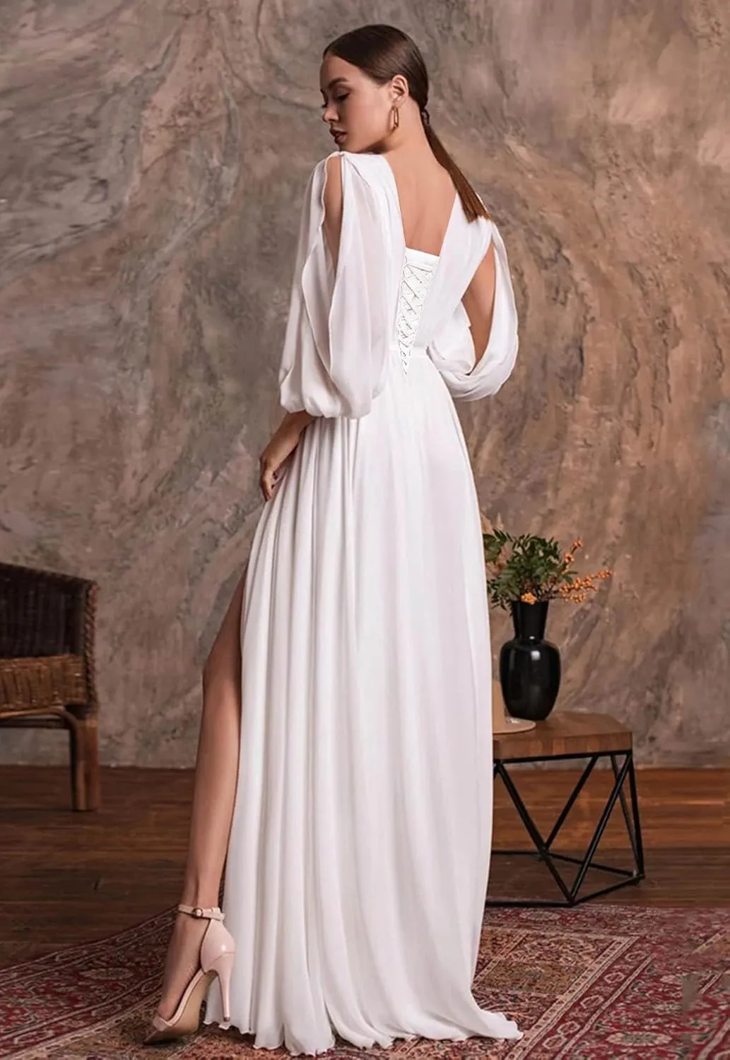 MAGGCIF Chiffon Bridesmaid Dress Long Sleeve Ruffle Lace Appliques A Line V Neck Formal Prom Dresses Evening Gowns