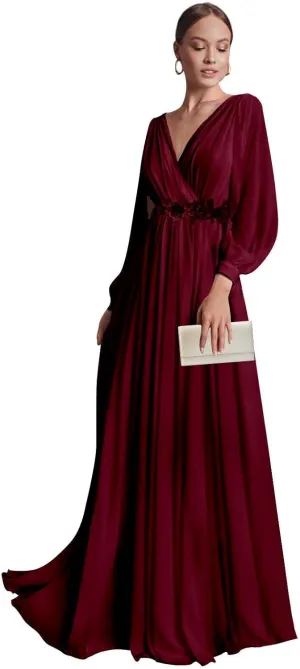 MAGGCIF Chiffon Bridesmaid Dress Long Sleeve Ruffle Lace Appliques A Line V Neck Formal Prom Dresses Evening Gowns