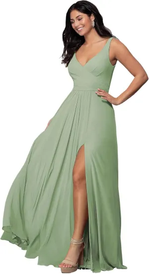 MAGGCIF Women's V Neck Chiffon Bridesmaid Dresses for Women with Slit A Line Long Formal Evening Gown