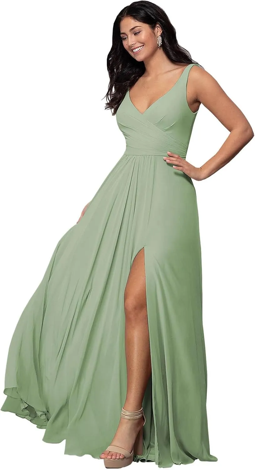 MAGGCIF Women's V Neck Chiffon Bridesmaid Dresses for Women with Slit A Line Long Formal Evening Gown