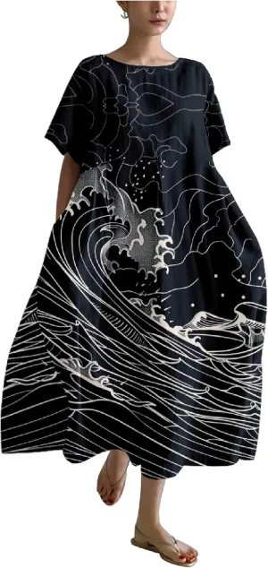 MARSVOVO Novelty Japanese Art Style Print Dress for Women Plus Size Short Sleeve Crewneck A-line Women Dress