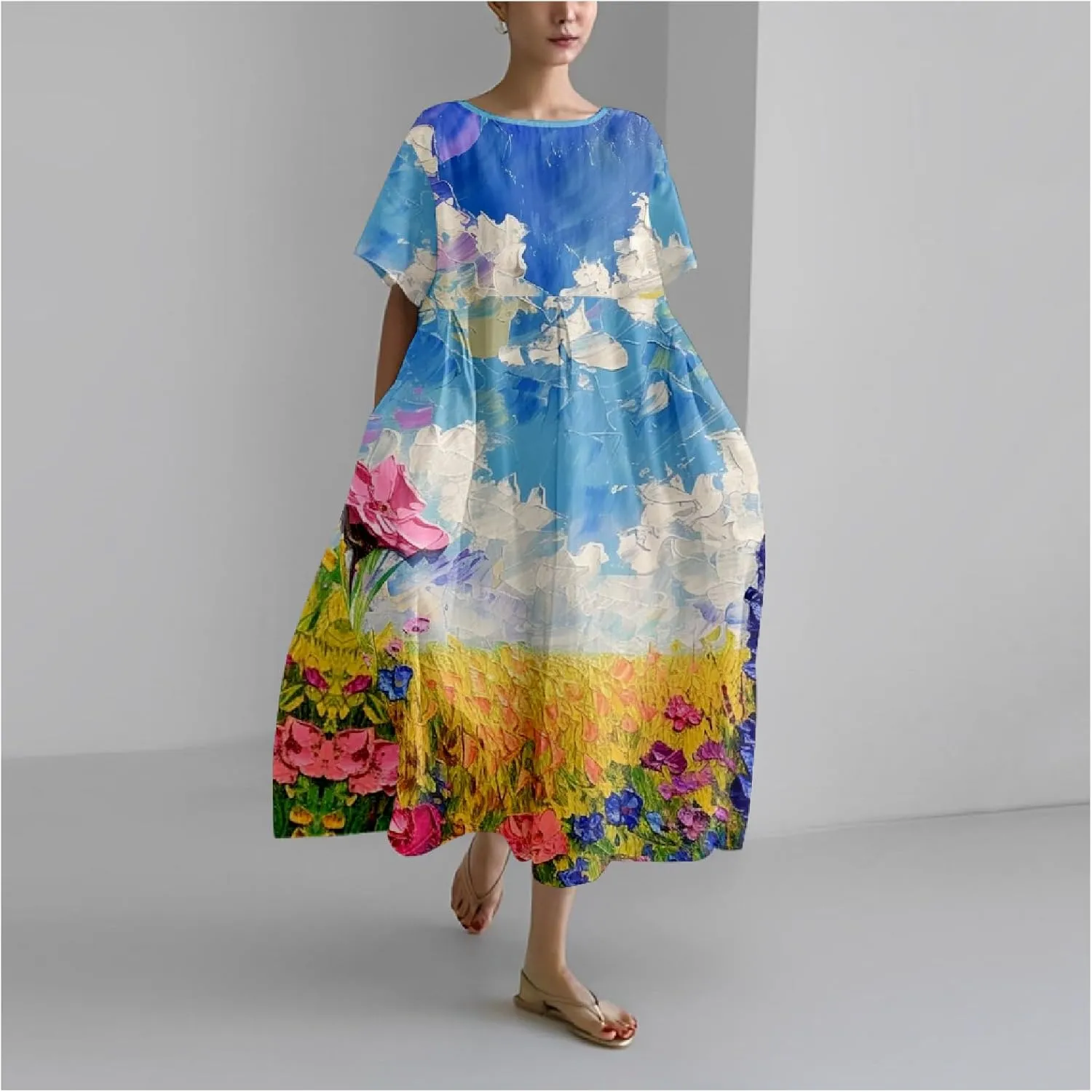MARSVOVO Women's Summer Dress Vintage Country Scenery Oil Painting High Waist Ruffle Hem Oversized Lounge Loose Sundress
