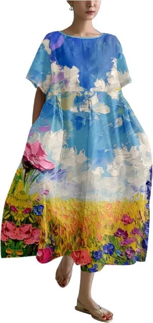 MARSVOVO Women's Summer Dress Vintage Country Scenery Oil Painting High Waist Ruffle Hem Oversized Lounge Loose Sundress