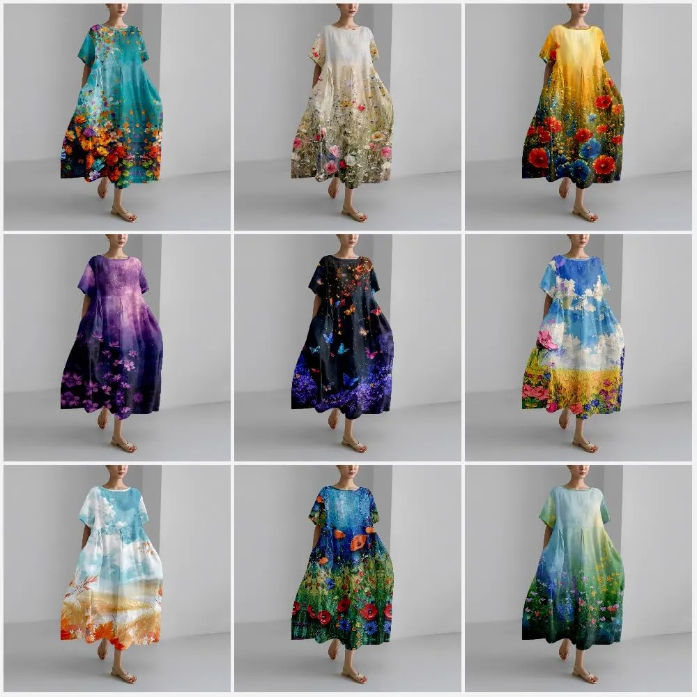 MARSVOVO Women's Summer Dress Vintage Country Scenery Oil Painting High Waist Ruffle Hem Oversized Lounge Loose Sundress