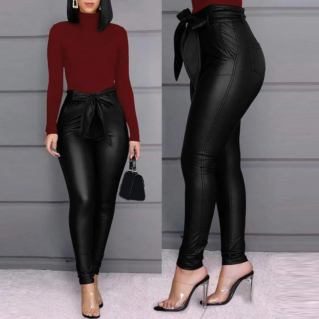 Maryia Women's Faux Leather Leggings Sexy Stretch High Waist Regular Petite Butt Lift Tights Fashion Push Up Trousers