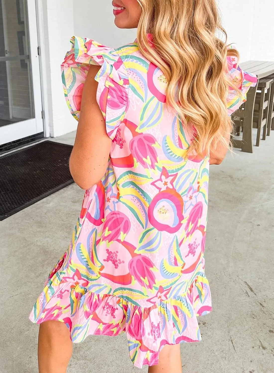 Melliflo Womens Abstract Floral Ruffle Trim Flutter Sleeve V Neck Buttoned Dress 2024 New Summer Casual Mini Dress