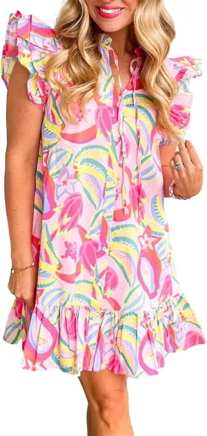 Melliflo Womens Abstract Floral Ruffle Trim Flutter Sleeve V Neck Buttoned Dress 2024 New Summer Casual Mini Dress