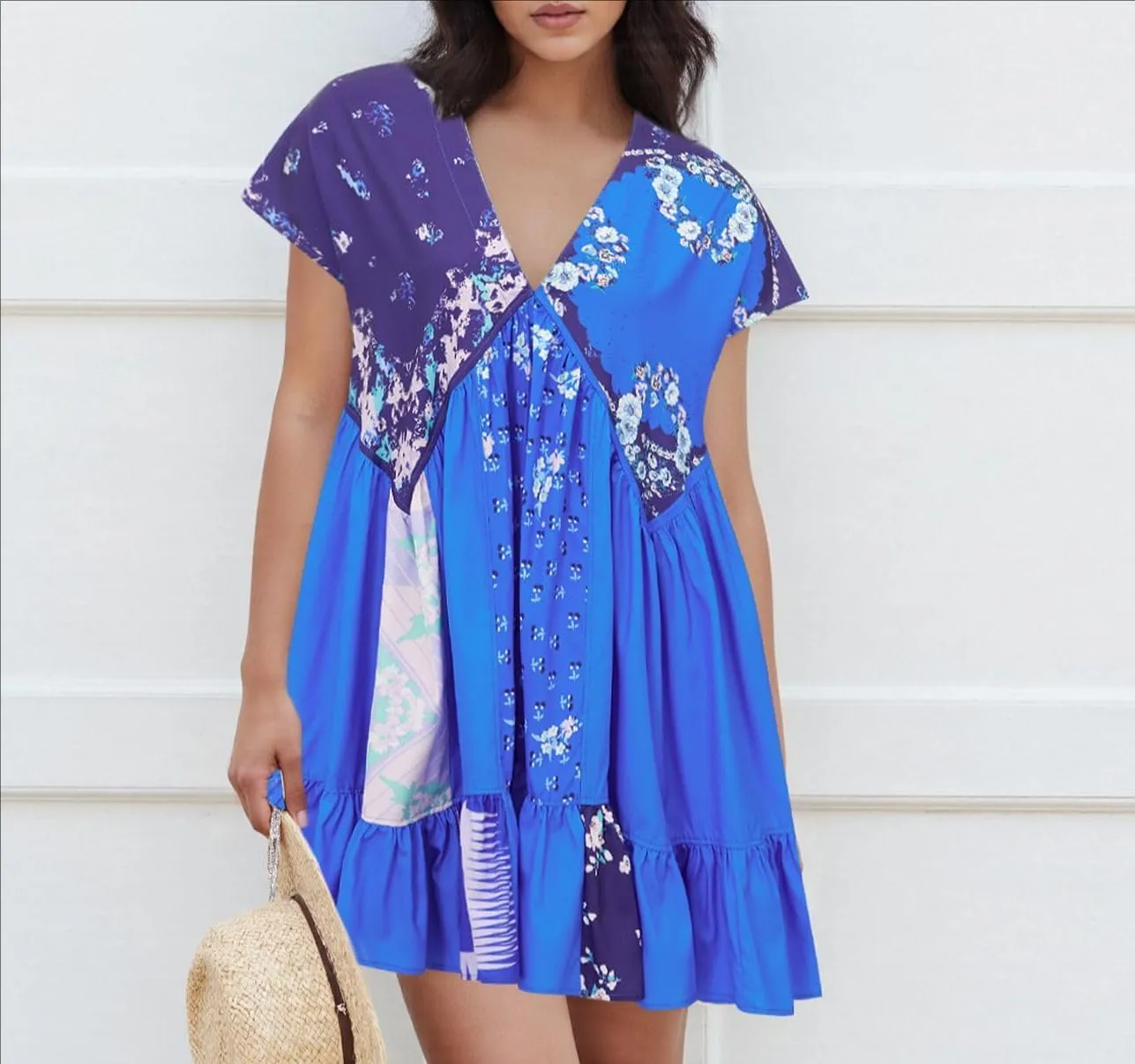 Melliflo Women's Floral Print Bohemian Mini Dress V-Neck Short Sleeve Ruffle Hem Y2k Summer Casual Beach Dress