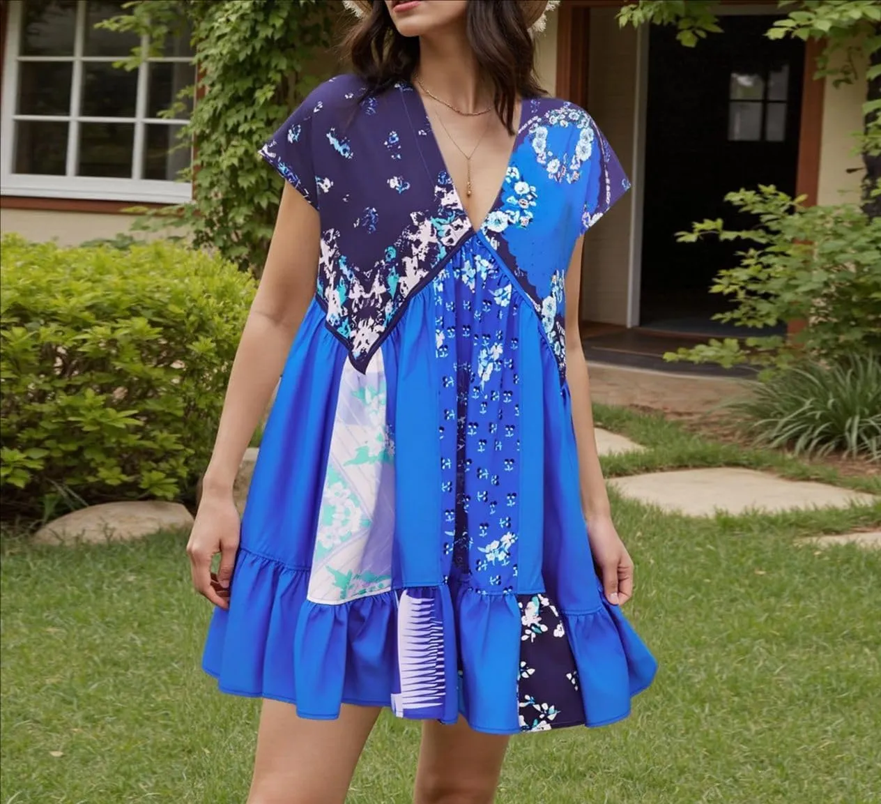 Melliflo Women's Floral Print Bohemian Mini Dress V-Neck Short Sleeve Ruffle Hem Y2k Summer Casual Beach Dress